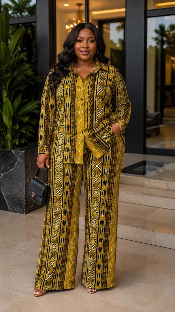 Yellow and black column-print wax — styled as a shirt and wide-leg trousers — a digital styling impression, not a garment for sale
