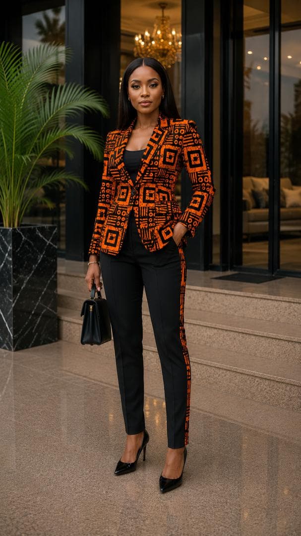 Orange and black block-print batik — styled as a tailored blazer — a digital styling impression, not a garment for sale