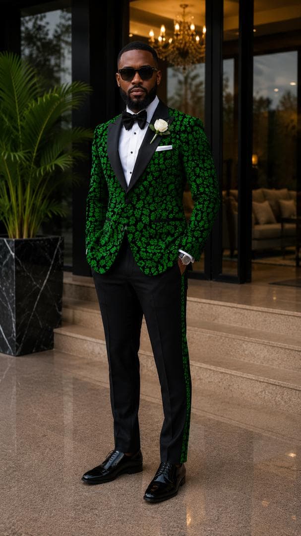 Green leaf print on black — styled as a dinner jacket — a digital styling impression, not a garment for sale