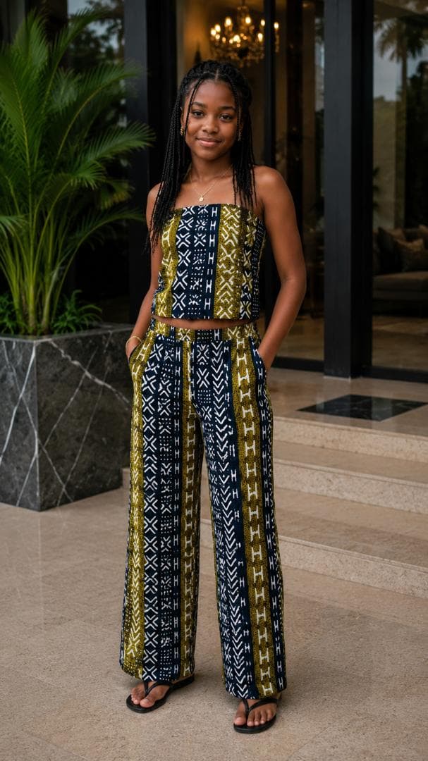 Mustard, navy and white mudcloth print — styled as a bandeau top and wide-leg trousers — a digital styling impression, not a garment for sale
