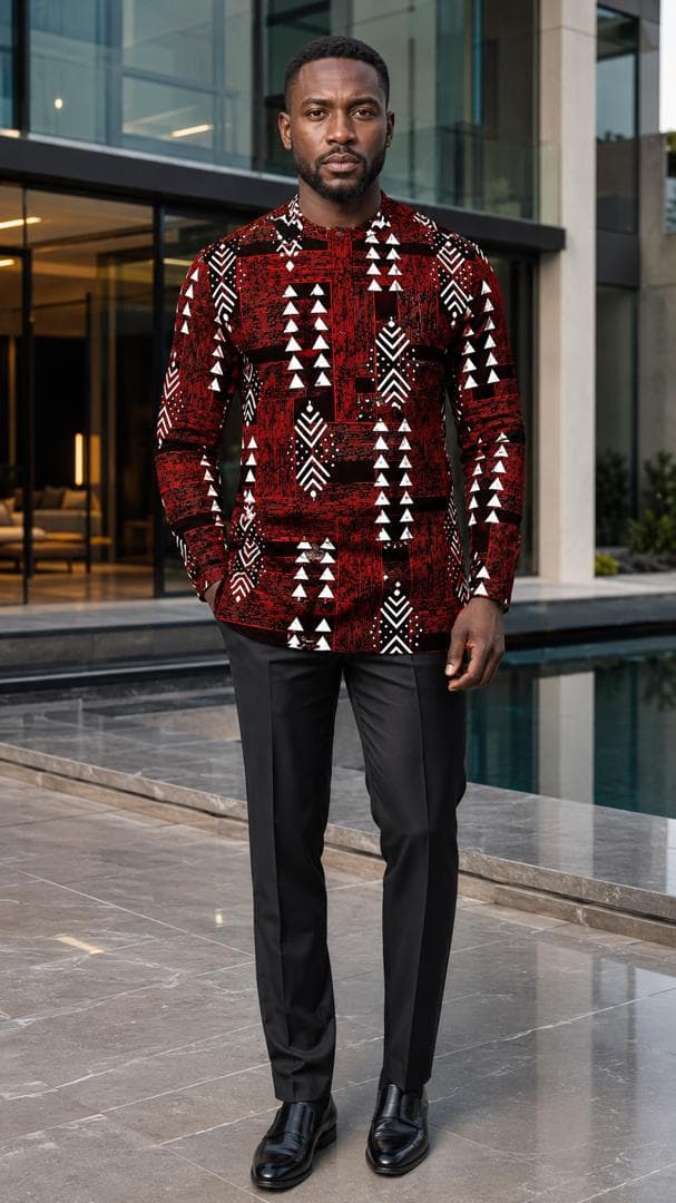 Red, black and white triangle print — styled as a long-sleeve shirt — a digital styling impression, not a garment for sale