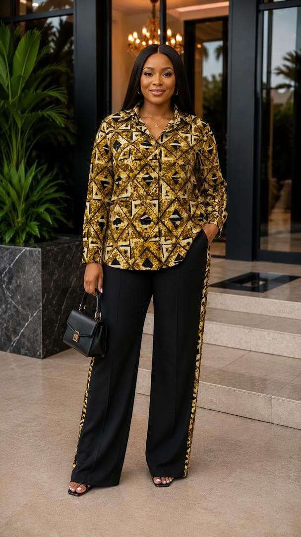 Gold and black diamond print — styled as a shirt with trimmed trousers — a digital styling impression, not a garment for sale